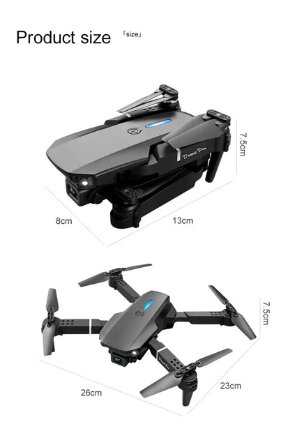 New E88 RC Drone product size dimensions displayed in folded and unfolded positions.
