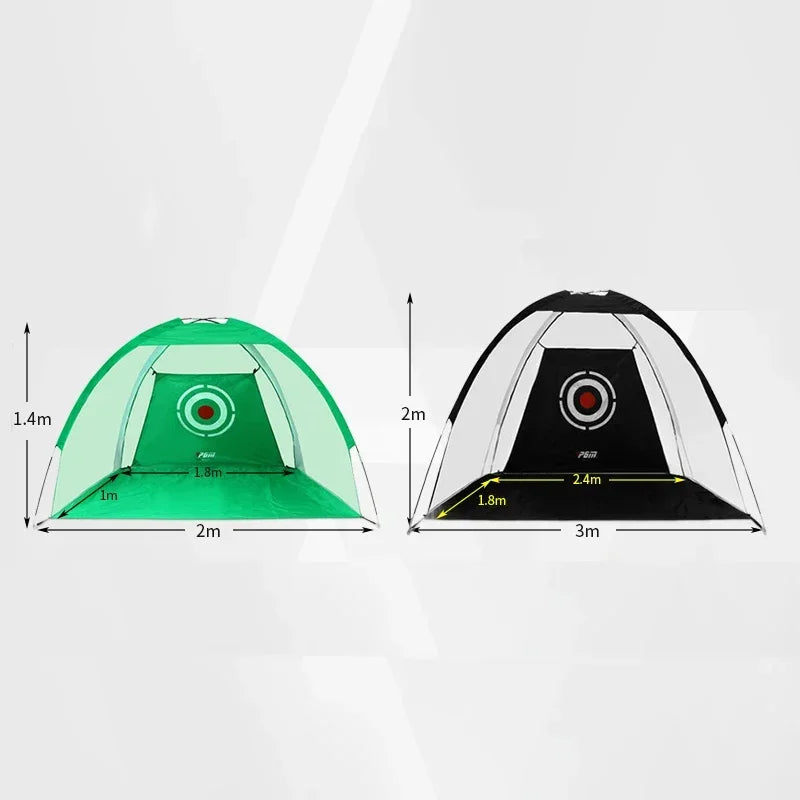 Indoor golf practice net showing two sizes: green 2M and black 3M with measurements for practicing golf indoors.
