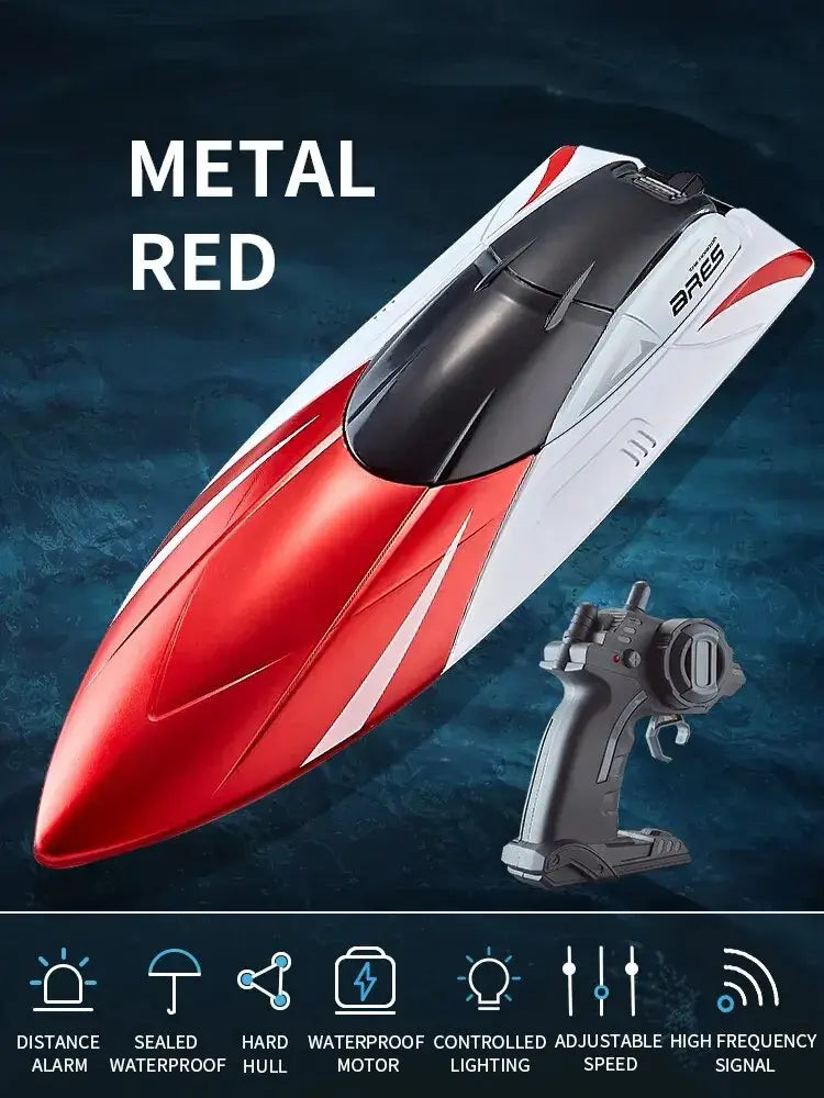 Waterproof remote control boat in red with double rudder motor and wireless control for exciting water adventures.