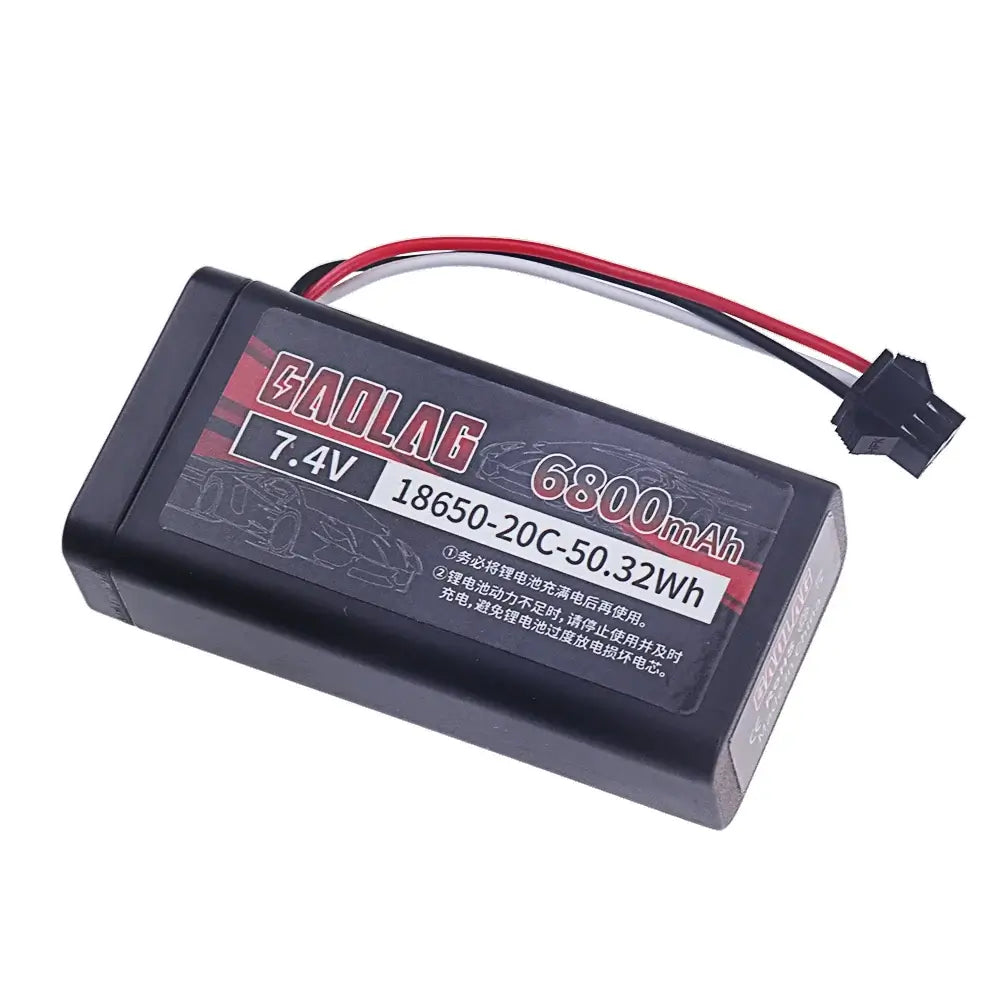 18650 Li-ion Battery 7.4V 6800mAh showcasing product specifications and available connectors.