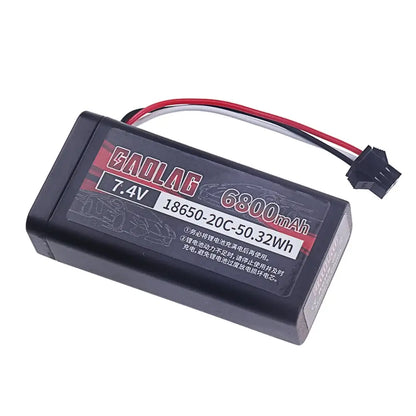 18650 Li-ion Battery 7.4V 6800mAh showcasing product specifications and available connectors.