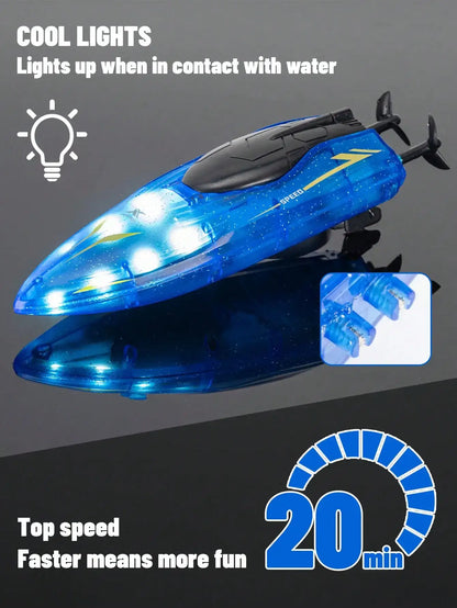RC Racing Boat 2.4GHz LED Lights with cool lights and fast speed, perfect for water fun and offers 20 minutes of playtime.