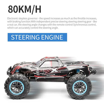 80KM/H brushless RC racing car showcasing steering engine and extreme speed capabilities.
