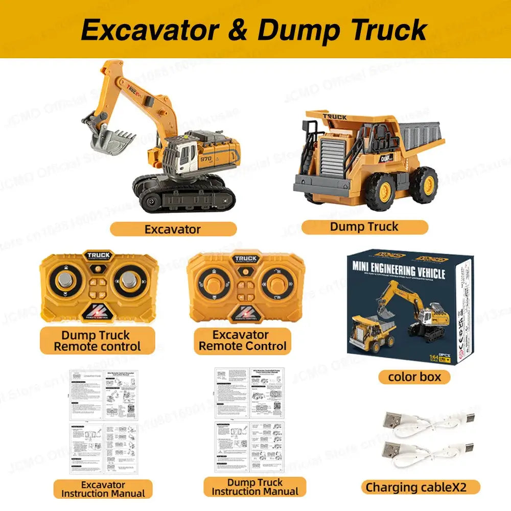 Mini Excavator Dump Truck JCMO 1:64 Scale remote control toys with accessories and manuals displayed.