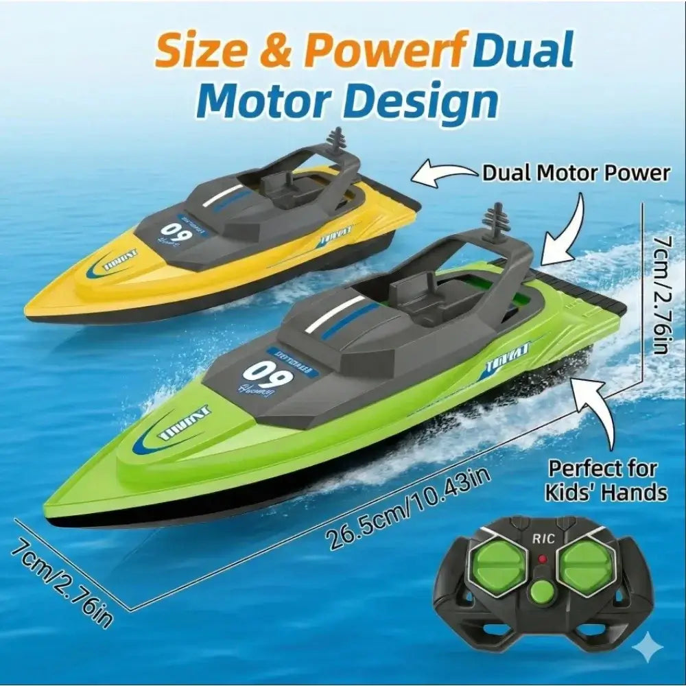 Waterproof high-speed RC boat for kids with dual motor design and remote control, perfect for fun on water.
