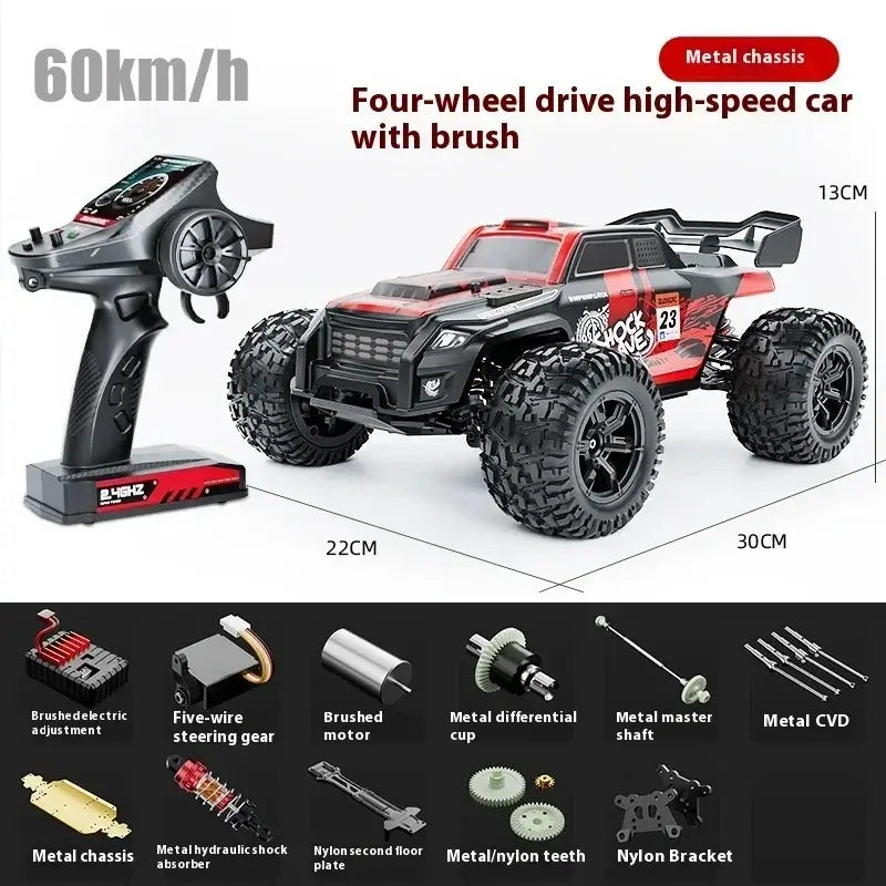 High-speed 4WD RC truck with brush, metal chassis, and remote control, reaching speeds up to 60km/h.