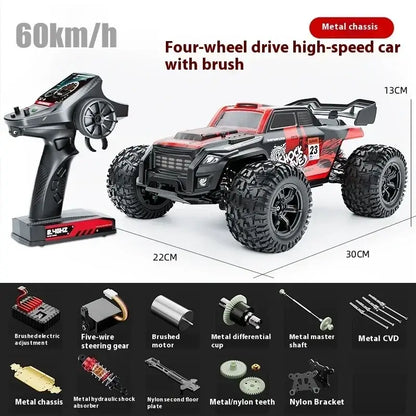 High-speed 4WD RC truck with brush, metal chassis, and remote control, reaching speeds up to 60km/h.