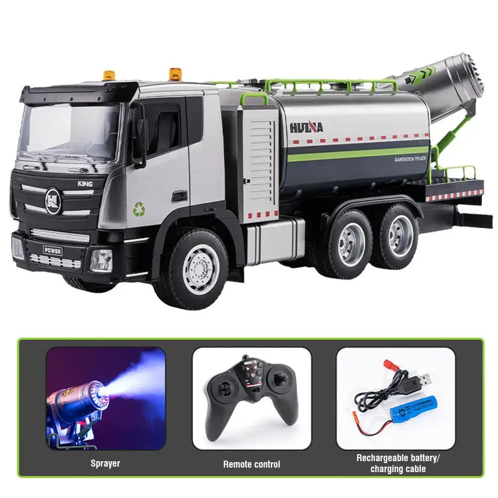 Huina RC Flat Truck Model showing a remote-controlled engineering vehicle with sprayer and battery features.