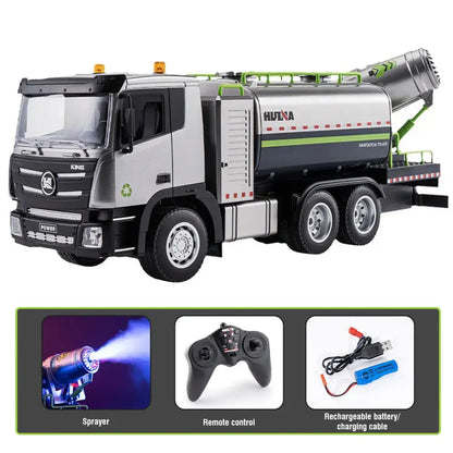 Huina RC Flat Truck Model showing a remote-controlled engineering vehicle with sprayer and battery features.