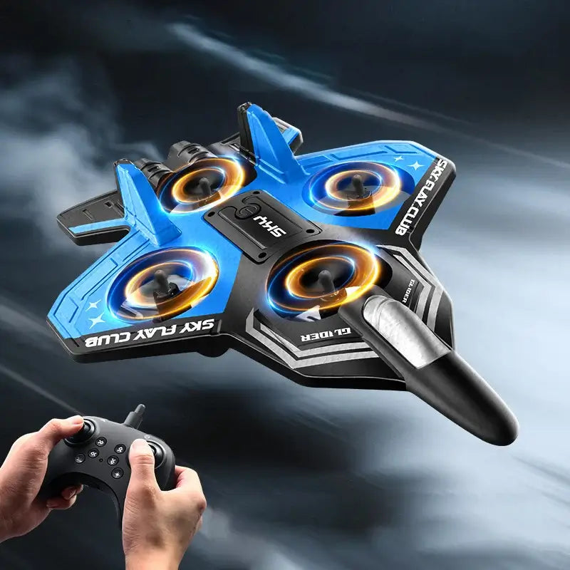 Remote Control Airplane YP3 being controlled with a joystick, showcasing its sleek design and vibrant lights.