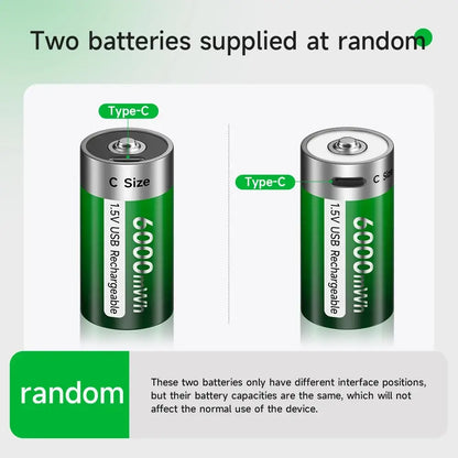 1.5V C Size Rechargeable Battery in green design showcasing USB charging capability.