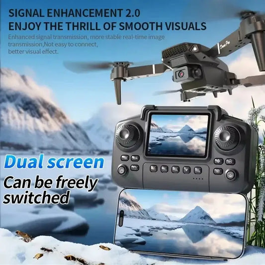 2026 E88 Plus Drone with dual screen controller displaying smooth visuals and enhanced signal transmission features.