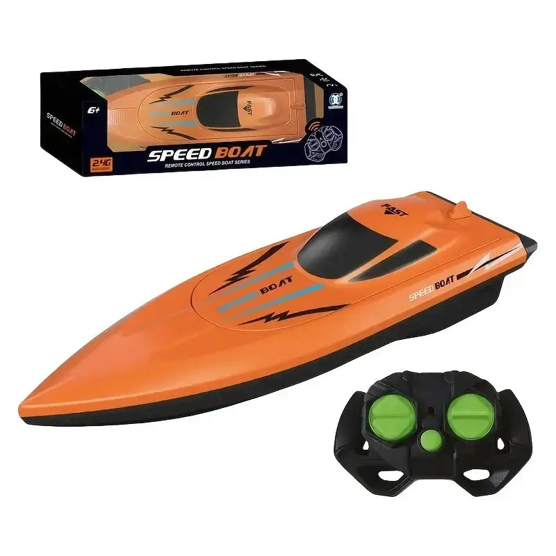 Dual propeller remote control speedboat in orange with remote control for thrilling water fun.