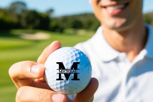 Personalized Golf ball set with custom text displayed on a golf ball held by a smiling golfer outdoors.