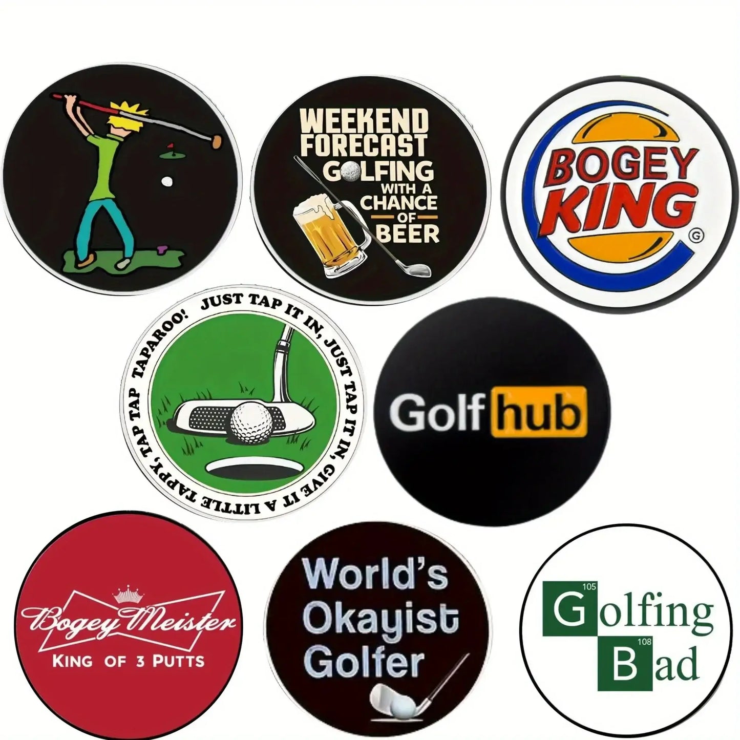 8 counts Funny Happy Gilmore Golf Ball Marker Sets featuring humorous golf designs for enthusiasts.