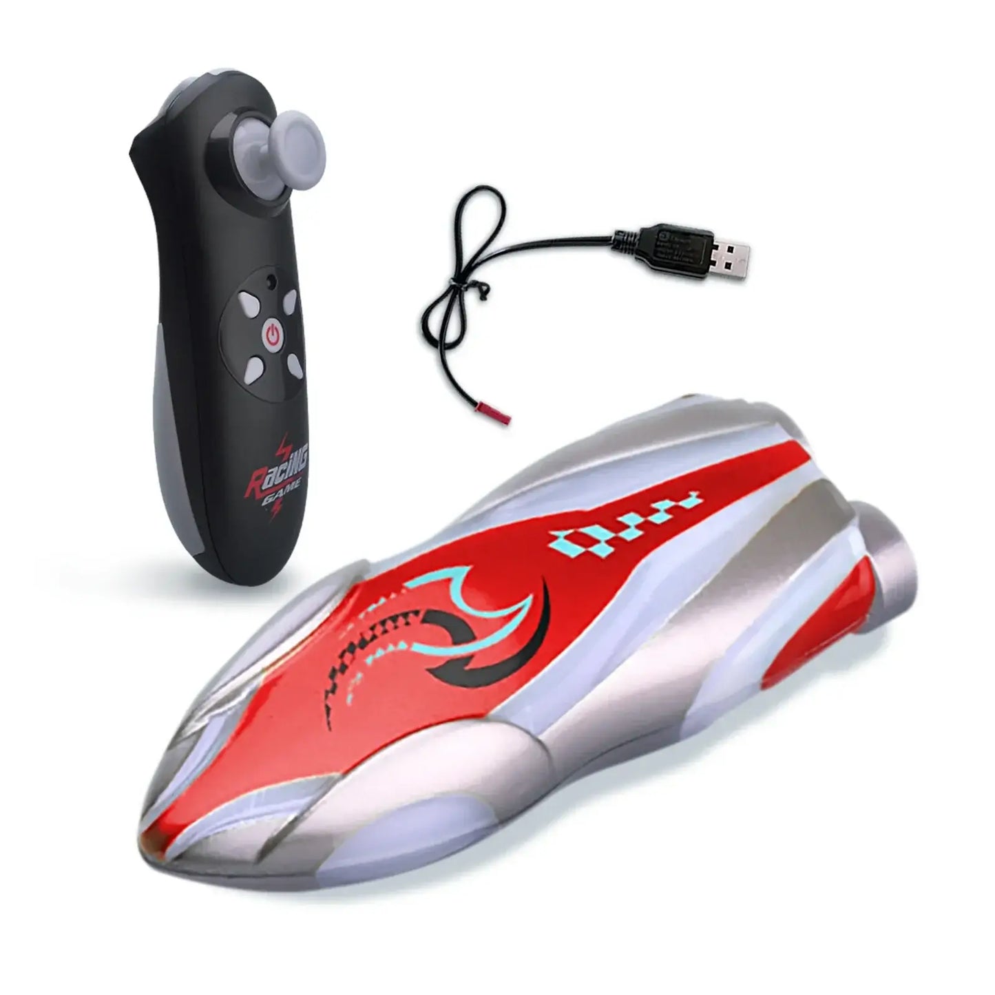 Mini Portable Electric Rc Boat with controller and USB cable for charging, designed for high-speed water racing.
