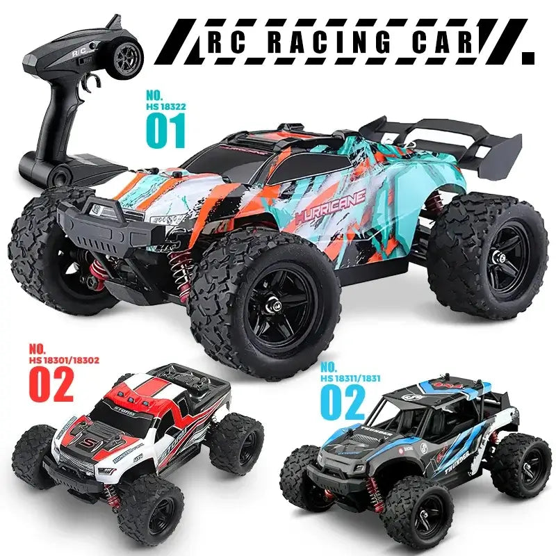 Remote Control Car - All-Terrain features vibrant designs and powerful tires, showcasing HS 18322 and HS 18301 models.