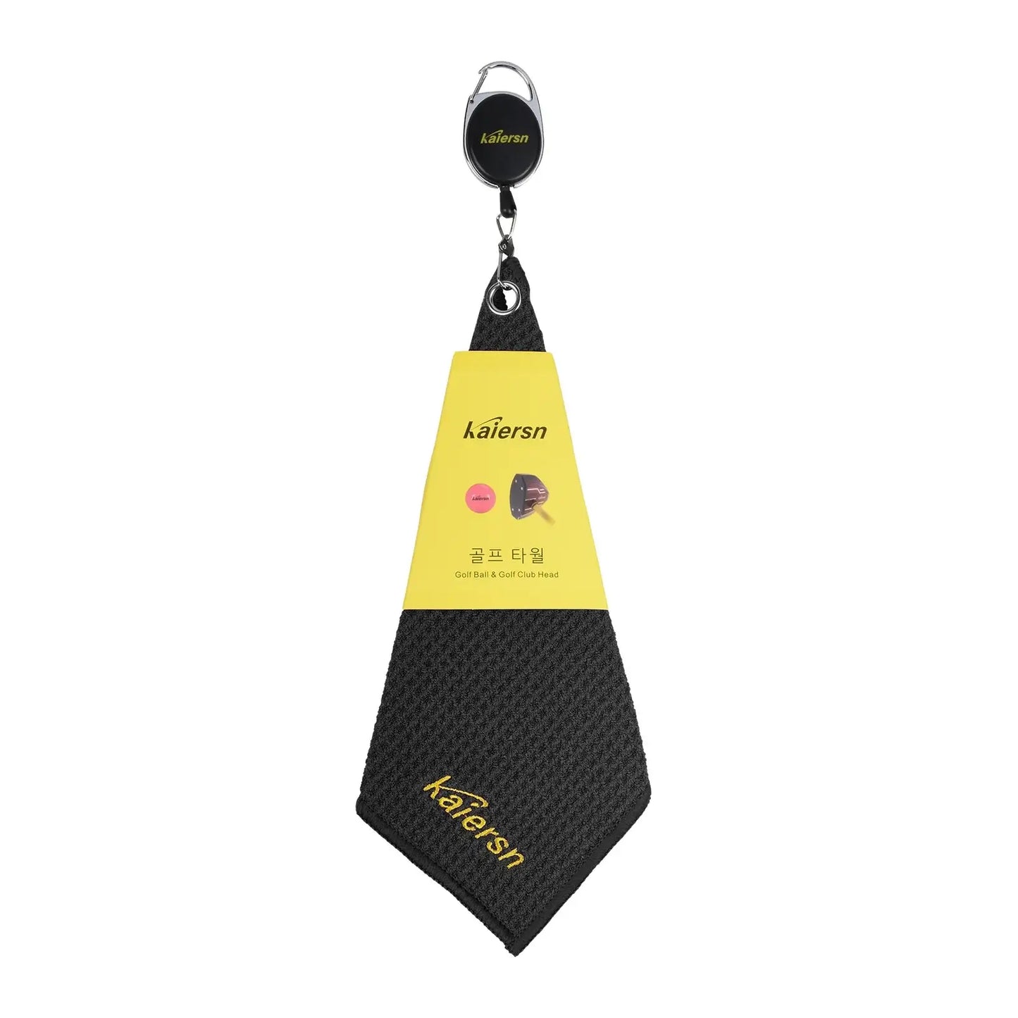 Kaiersn Park golf Towel displayed with its packaging and clip, ideal for cleaning golf equipment.