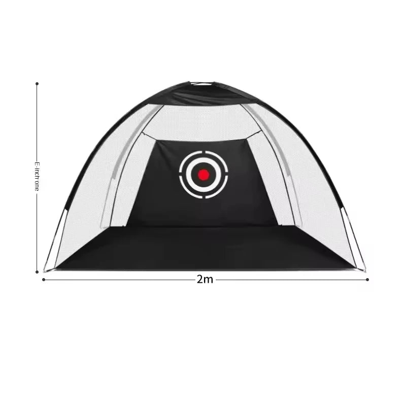 Indoor golf practice net with target design, dimensions 2m, ideal for golf training indoors.