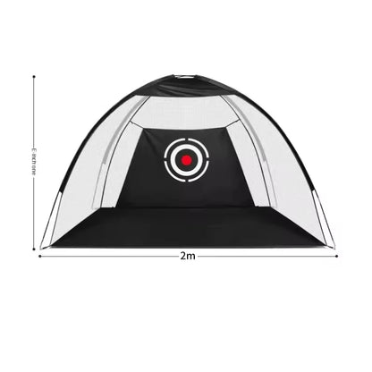 Indoor golf practice net with target design, dimensions 2m, ideal for golf training indoors.