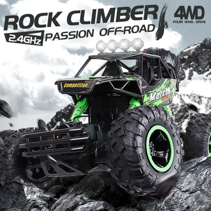 Remote control cars with LED lights, 4WD rock climber designed for off-road adventures.