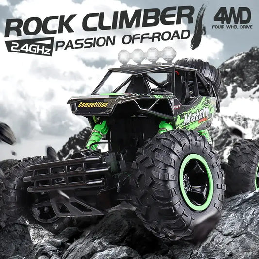 Remote control cars with LED lights, 4WD rock climber designed for off-road adventures.
