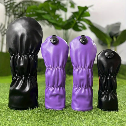 1pc Faux Leather Golf Club Head Cover displayed in black and purple colors, showcasing elegant design and style.