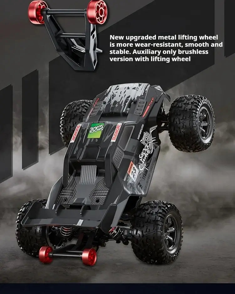 High-speed 4WD RC truck showcasing a new upgraded metal lifting wheel for enhanced performance and stability.