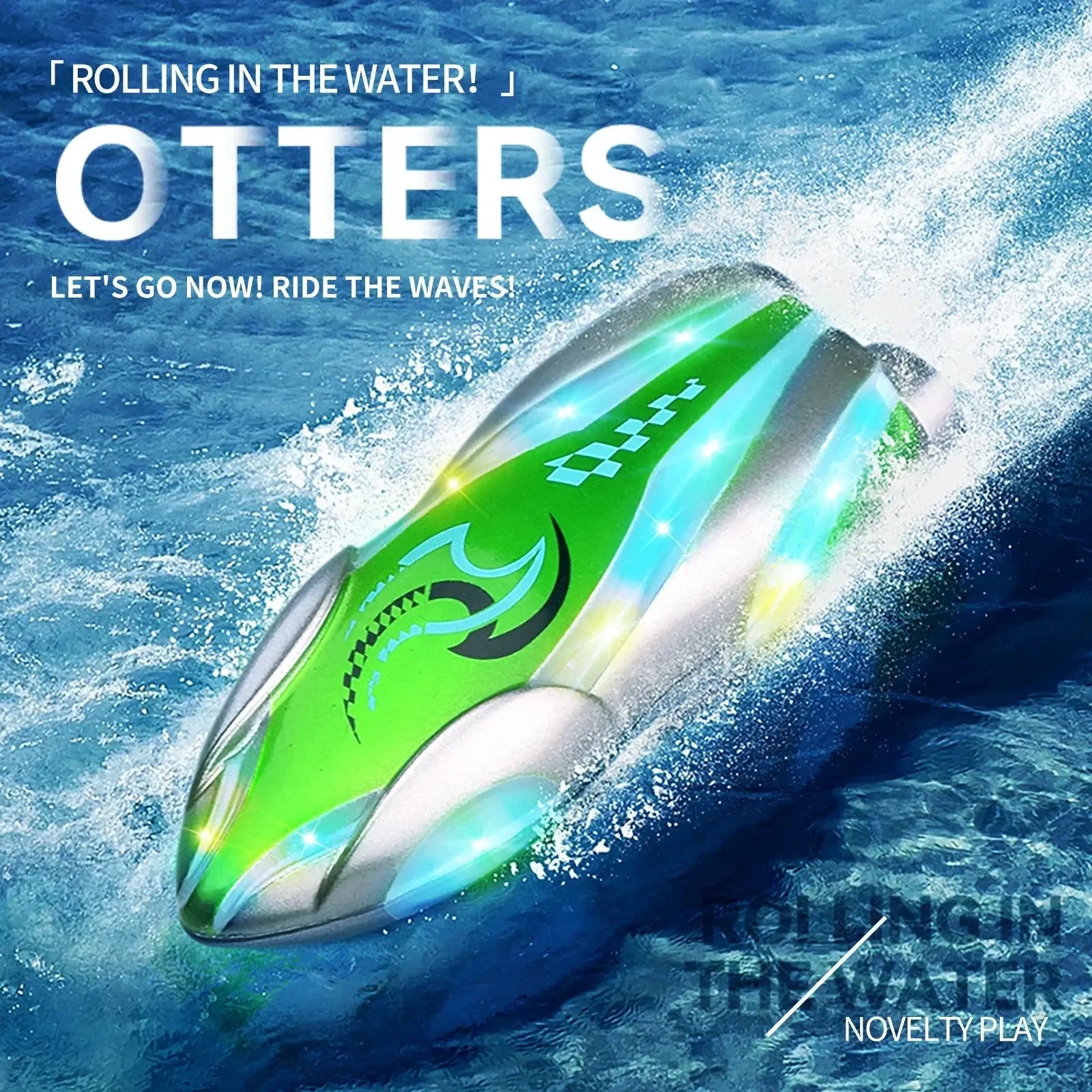 Mini Portable Electric Rc Boat speeding through water with vibrant green design, perfect for outdoor fun.