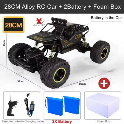 RC Car Remote Control Climbing Vehicle featuring 28CM alloy design, 2 batteries, and foaming box for outdoor adventures.