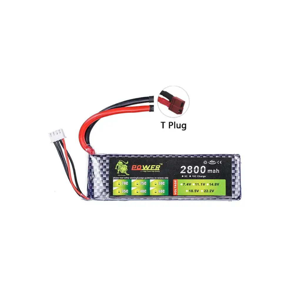 Lipo Battery 2S 3S 4S in various capacities including 1500mAh, 2200mAh, 4200mAh, and 5200mAh with T plug connector.