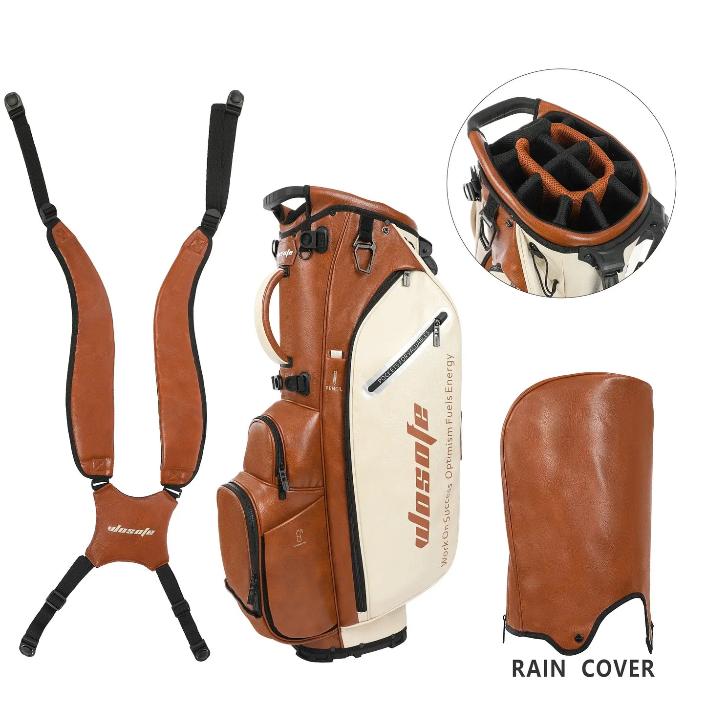 Golf Stand Bag for Men & Women made of PU material with rain cover and comfortable straps for easy carrying.