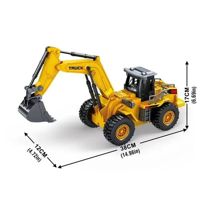Remote Control Excavator Bulldozer engineering vehicle with detailed measurements and vibrant colors.