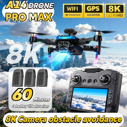 A14 Pro Max GPS drone in flight with 8K camera and obstacle avoidance features, showcasing advanced technology and design.