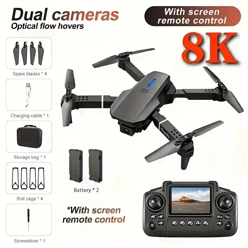 E88PRO MAX Foldable Drone showcasing dual cameras and features including remote control and spare parts.