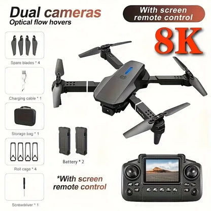 E88PRO MAX Foldable Drone showcasing dual cameras and features including remote control and spare parts.
