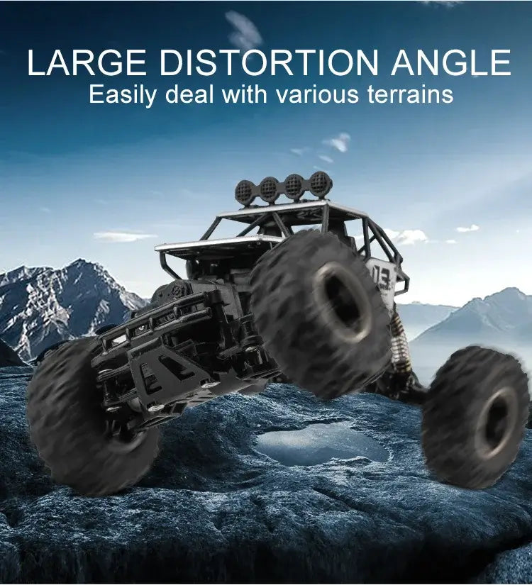 RC Car Remote Control Climbing Vehicle navigating various terrains with ease in a rugged outdoor landscape.