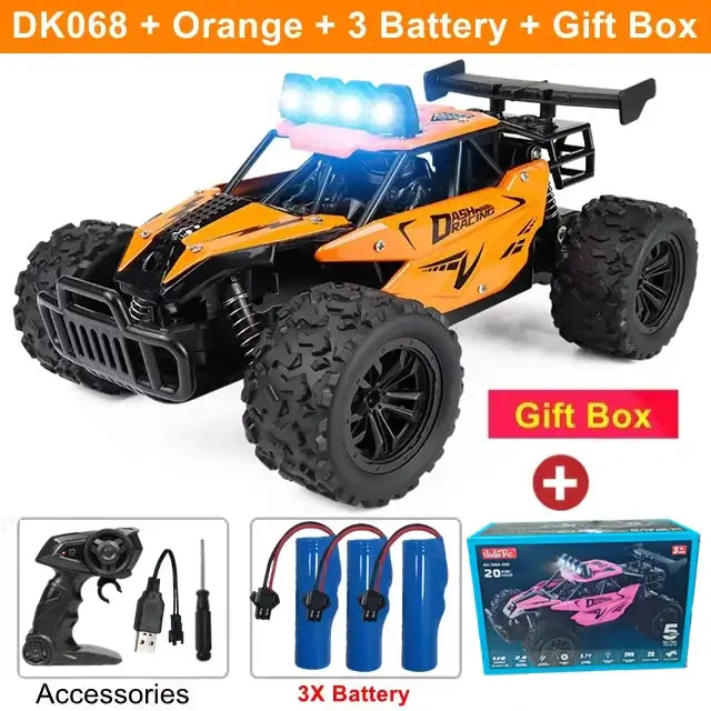 116 RC Car Remote Control Car in orange with 3 batteries and gift box, featuring off-road design and remote control.