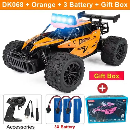 116 RC Car Remote Control Car in orange with 3 batteries and gift box, featuring off-road design and remote control.