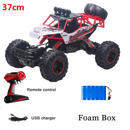 Remote control cars with LED lights 4WD 37cm model with remote control, USB charger, and foam box.