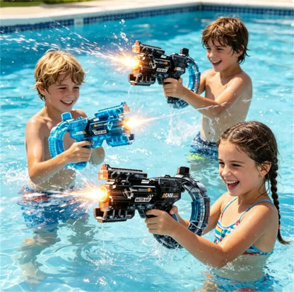 Kids playing in a pool with Electric Water Gun with LED Lights, enjoying a fun water fight.