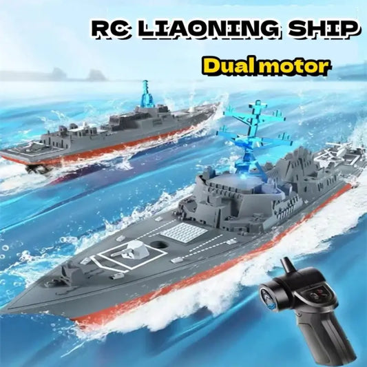 High-Speed Remote Control Ship Grey Simulation Warship with dual motor design in water.