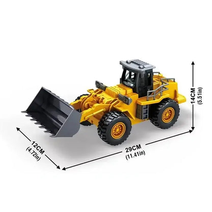 Excavator Bulldozer Dump Truck remote control toy with dimensions 29CM x 14CM x 12CM in yellow color.