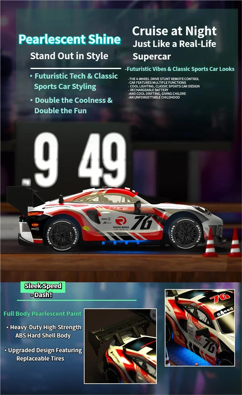 RC drift cars for kids with pearlescent paint, showcasing sleek design and sporty features for thrilling night racing.