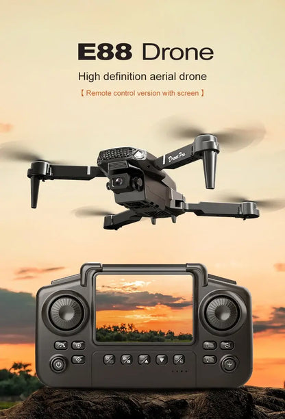 New E88 RC Drone with remote control featuring high definition aerial photography capabilities.