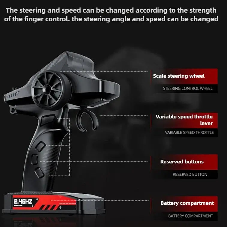 High-speed 4WD RC truck controller with scale steering wheel, variable speed throttle, and reserved buttons