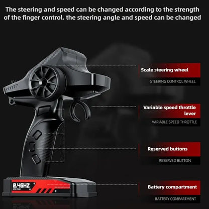 High-speed 4WD RC truck controller with scale steering wheel, variable speed throttle, and reserved buttons