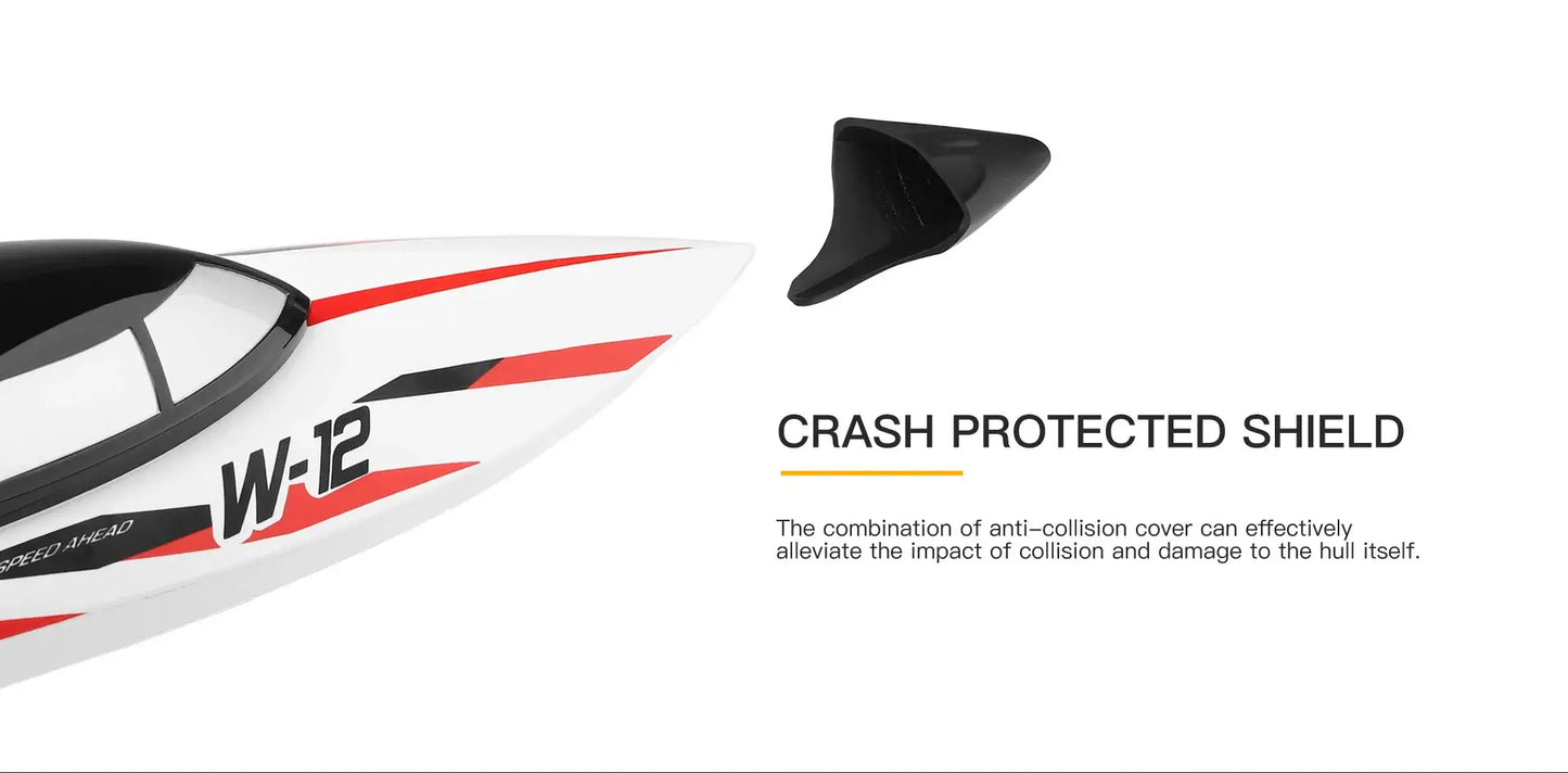 WLtoys 2.4G WL912-A RC Boat showing crash protected shield for collision impact protection and hull safety.