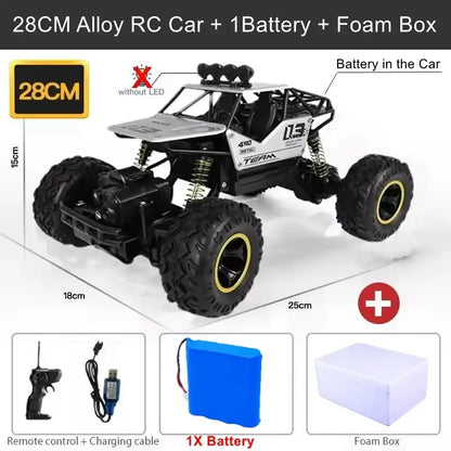 RC Car Remote Control Climbing Vehicle with remote, battery, and foam box for outdoor all terrain adventures.