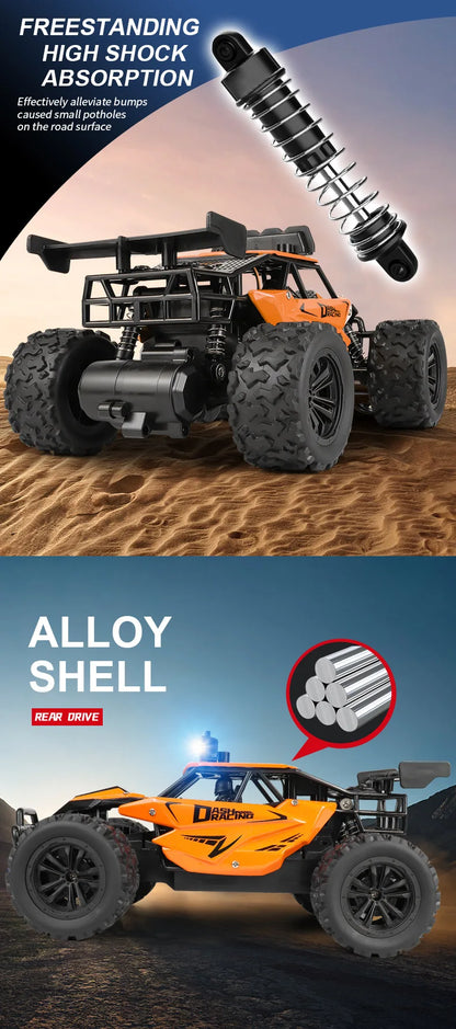 116 RC Car Remote Control showcasing high shock absorption and alloy shell design for rugged terrain.